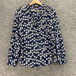 A New Approach Blouse Women S Small Blue Geometric V-Neck Long Sleeve 1/2 Button